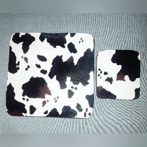 Handmade Cow Print PU Leather Skid Proof Mouse Pad & Coaster Set